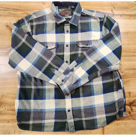 ORVIS HEAVY Flannel Shirt Jacket‎ Mens Size XXL Blue/White/Gray Plaid Flannel