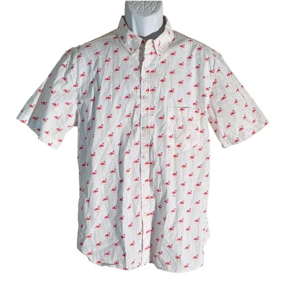 PUBLIC‎ ART Men's Short Sleeve Button Down Flamingo Shirt White Large