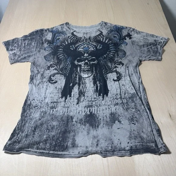 Affliction Mens Shirt Size X-Large Horned Skull Head Dress‎ Rare Distressed Y2K