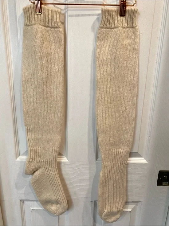 Vintage Hand Knit Wool Knee Socks Ivory Cream Wool Unisex Thick Warm