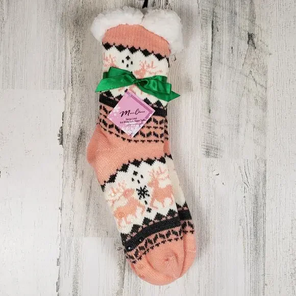 NWT Mari Clare Sherpa Lined Knit Winter Reindeer Design No-Slip Slipper Socks