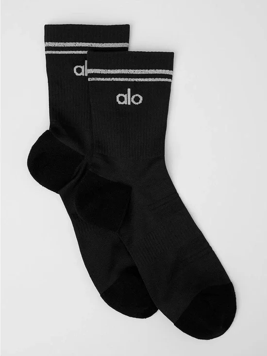 New Alo Yoga BrandedUnisex Half-Crew Performance Sock Black reflective