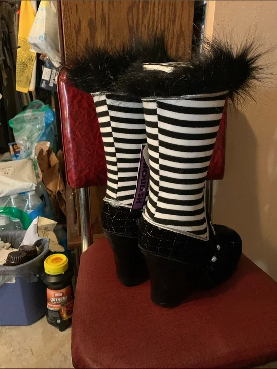 Halloween Decor Witch Striped Black & White Faux-Fur with Curl Toes boots