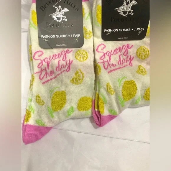 2pairs lemon print squeeze the day‎ cream & pink printed socks