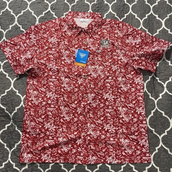 Columbia NCAA‎ Alabama Crimson Tide PFG Full Button Up Red Shirt Men's Sz: L NWT