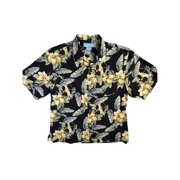 Bermuda Bay Mens XL‎ 100%Silk Hawaiian Shirt Black Yellow Hibiscus Floral Marlin