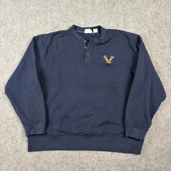 Deer Henley Sweatshirt Mens XL Blue Embroidered Head‎ Hunting Nature Outdoors