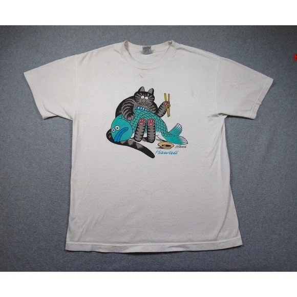 Vintage B Kliban Shirt Mens Large White Cat Graphic Tee Sushi Hawaii Adult