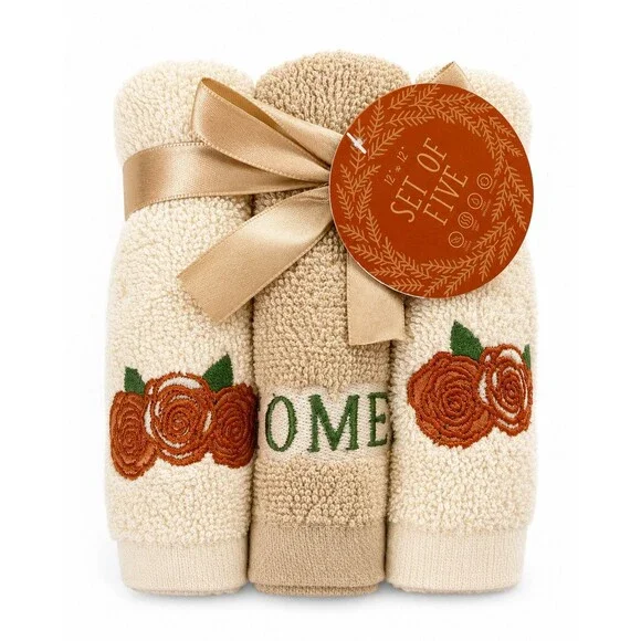 Thanksgiving Floral Washcloths Set of 5 Beige Embroidered Fall Face Cloths Home