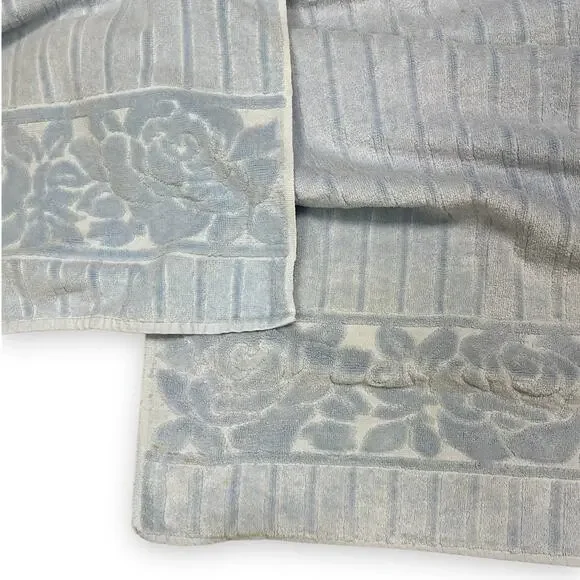 Vintage Mid Century St. Mary's | Blue Sculpted Floral Cotton Bath Hair Towel Set