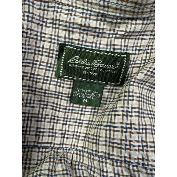 Eddie Bauer Mens Medium Plaid Button Down Shirt Long Sleeve Cotton‎ Brown Blue
