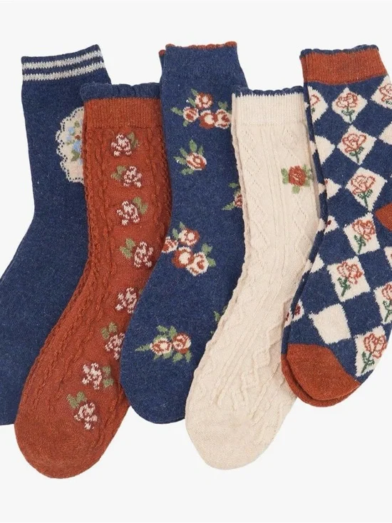 NEW Cozy Fall Floral & Cable Knit Crew Socks - Pack of 5