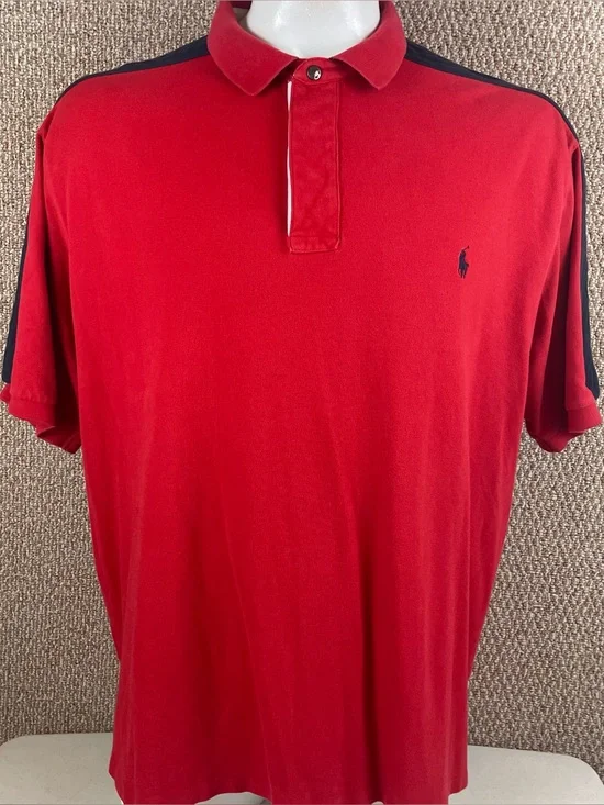 Vintage Polo Ralph Lauren Rugby Shirt 2XLT Short Sleeve Red Snap Collar 90s 387