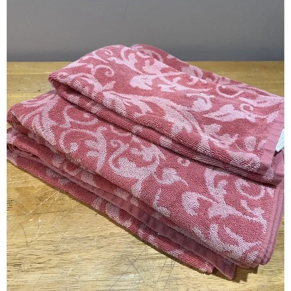 Vtg Royal Velvet JCPenney Pink Jacquard Bath Towel Set Paisley Design Hand Towel