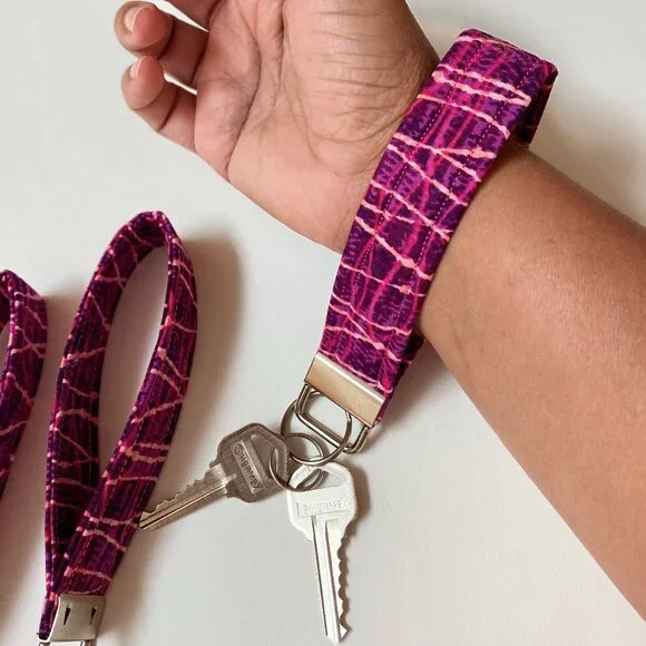 Key Chain Wrist Lanyard Strap Purple Pink Fabric Key Fob Holder Gifts for Womens
