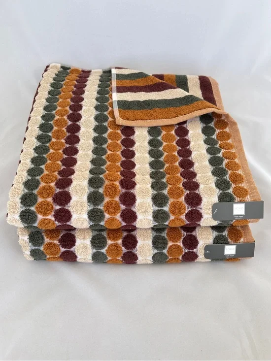 NWT Soho Living 2Pc Cotton Retro Earth Tone Polka Dot Striped Fall Bath Towels