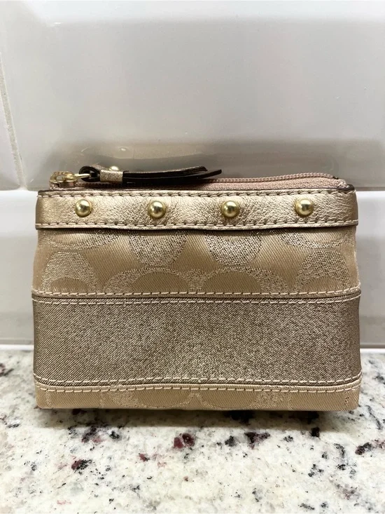 Coach Signature Striped Studded Mini Skinny Zippered Card Case with Key Fob NWOT