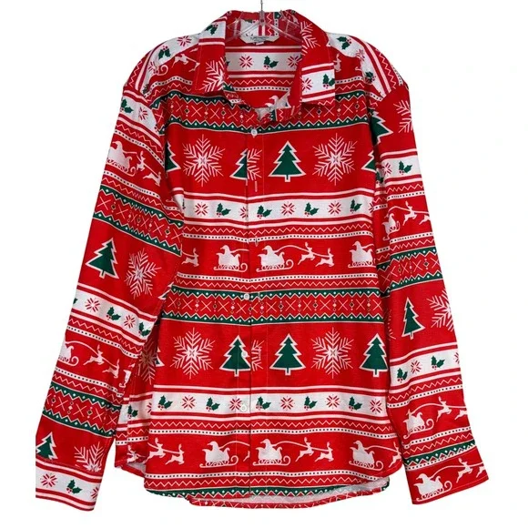 Mens Christmas Button Down Shirt Red‎ Santa Reindeer Fair Isle •L• Ugly Xmas