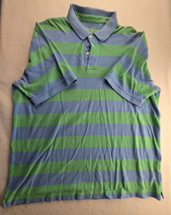 Vineyard Vines Slim Fit Green Blue Striped Polo Short Sleeve Size XXL