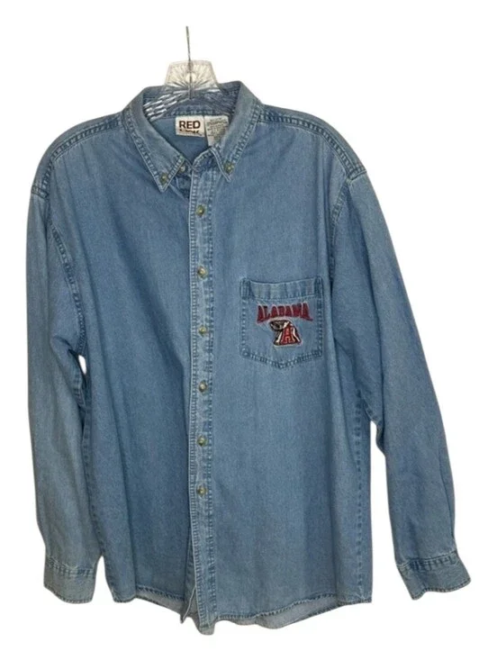 Alabama Crimson Tide Denim Button Up Shirt Red Oak Large Embroidered