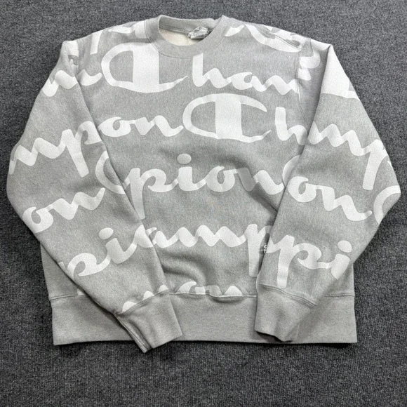 Champion Reverse Weave Sweatshirt Mens XL Gray‎ All Over Print Script Logo