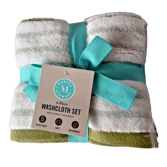 Martha Stewart Facecloths Washcloths White Green Blue Stripe 13x13