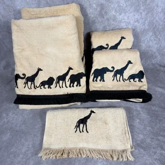 Vtg Avanti Safari Animal Embroidered Fringe Towel Set 5pc Beige Black Cotton USA
