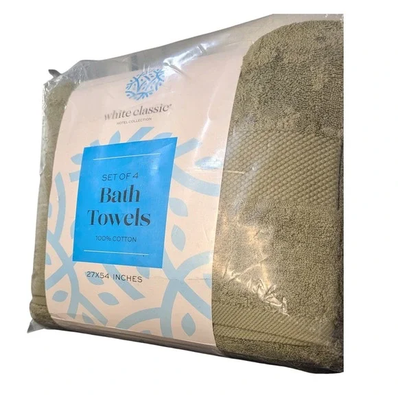 White Classic Hotel Collection 4 Bath Towels 100% Cotton Sage Green‎ 27x54 NEW