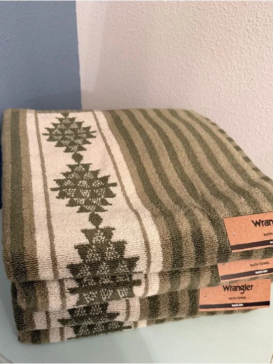 Wrangler Olive Green and Cream Striped Bath Towels-Set of 4