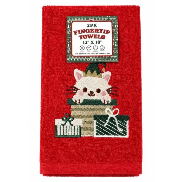 Christmas Kitty Cat Fingertip Towels Set of 2 Red Cotton Embroidered Holiday
