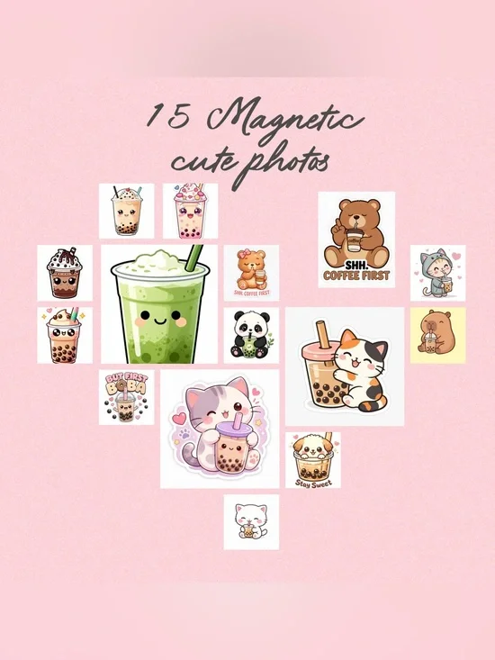 Cute Boba Magnets - Pink Kawaii Drink 15 Magnet Set