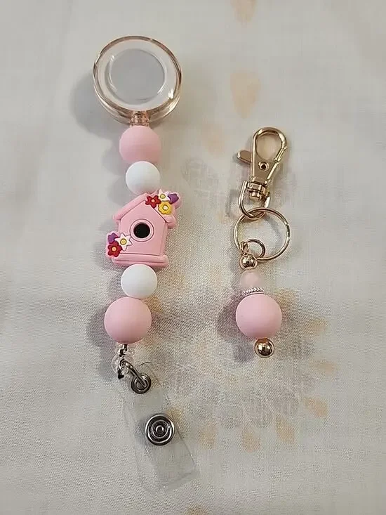 Badge Reel & Small Key Chain Combo Pink Birdhouse Silicone Beads