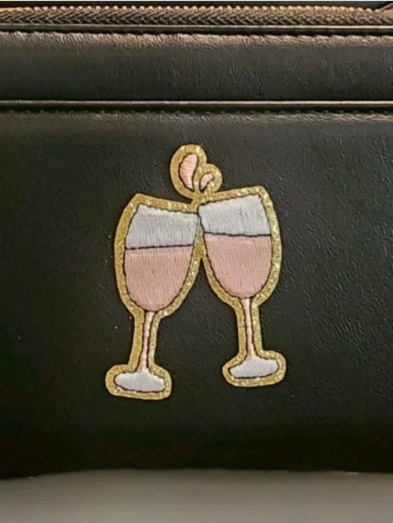Black Women's Wallet with Pink Champagne Glass Embroidery