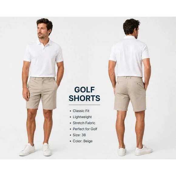 Pro Tour Mens Golf Shorts Khaki Tan Stretch 44‎ Flat Front Performance Pockets