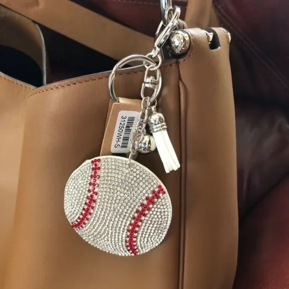 Puffed Rhinestone Baseball Key Chain‎ Purse Charm