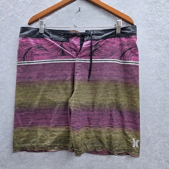 Hurley Men Shorts 33 Multicolor Swimwear Striped Board Shorts Button 8