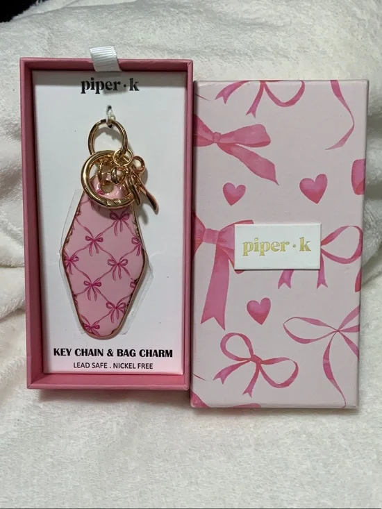 Piper Pink Bow-Print Key Chain & Bag Charm with Gold Hardware