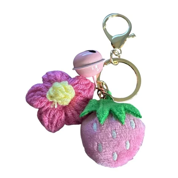 Handmade Pink Strawberry and Flower Plush Keychain with Bell Gold Tone Hardware