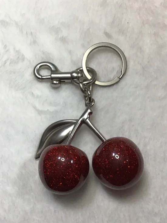 Bag / key charm red cherries - silver hardware