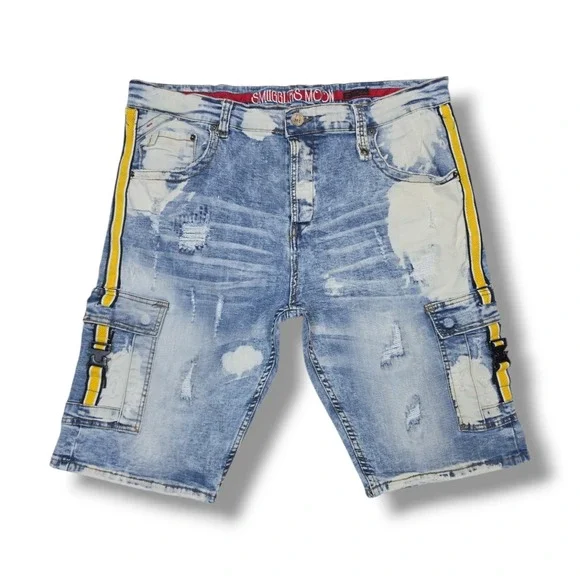 Smugglers Moon Distressed Dk Acid Wash Denim Cargo Shorts Lime Piping Men's 42