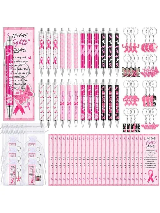 96 Pcs Breast Cancer Awareness Gifts Set - Pink Ribbon Pens, Bookmarks