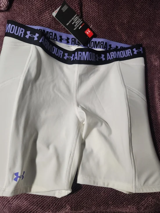 Under Armour White Compression Bike Shorts with Purple Branded Waistband