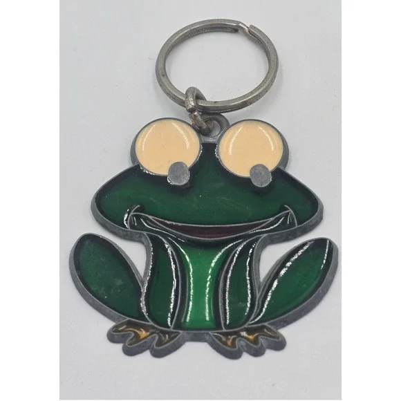 Vintage Green Frog Stained Glass Style Enamel Keychain Silver Tone Metal Ring