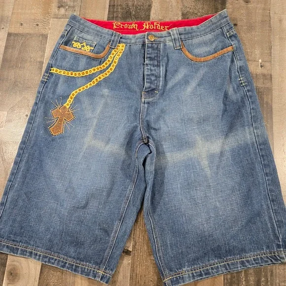 Crown Holder Vintage Y2K Baggy Denim Shorts Embroidered Rosary Crucifix Jorts 42