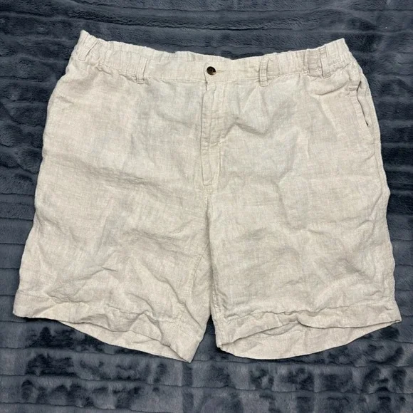 Caribbean Mens 100% Linen Shorts Oatmeal Beige Elastic Waist Size 46 Tropical