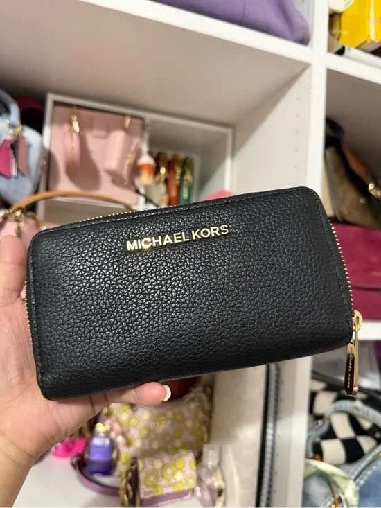 Michael Kors Black Pebbled Leather Zip Around Wallet with Gold Logo