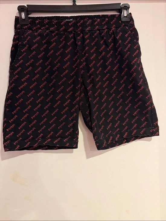 Men's Black Shorts with Red Print - Casual Elastic Waist