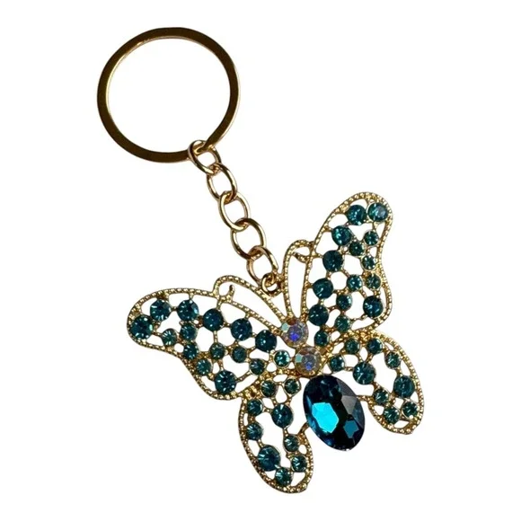 Women's Key Chain Gold Blue Butterfly Rhinestone Charm Fashion