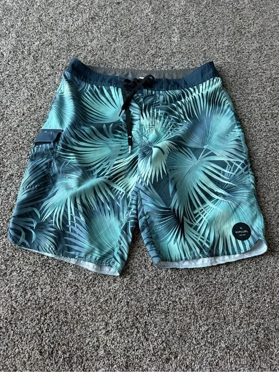 Rip Curl Mens 32 Boardshorts Blue Tropical Palm Leaf Print Surf Swim Trunks