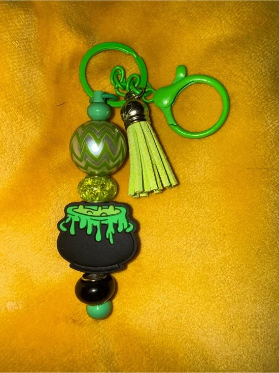 Neon Green Witch Cauldron Tassel Keychain